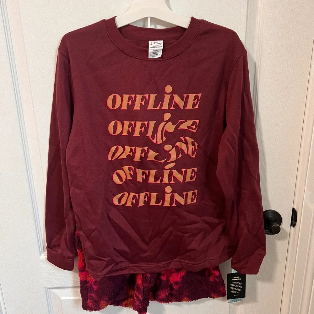 Art Class Girls Burgundy Offline Graphic Fleece Pajama Set L 12 14 Sleepwear NWT
